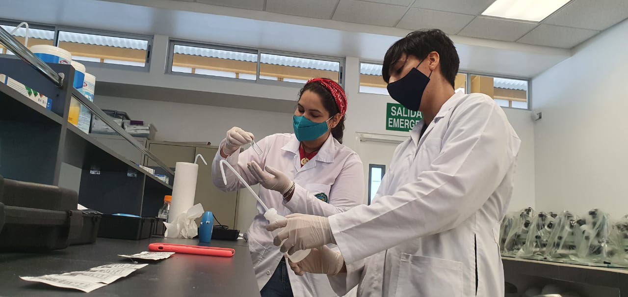 Dos personas preparando una solución en un laboratorio.