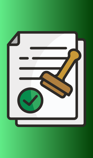 Ilustración de documentos con un mazo y un sello de verificación
